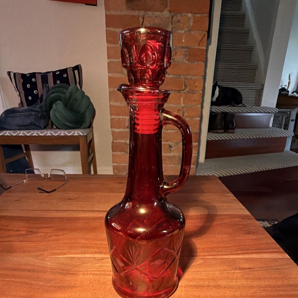 Red Flash Glass Decanter Bottle w/ Handle & Stopper Etched Pattern